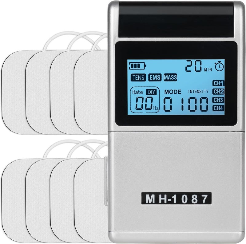 Tens Machine EMS Muscle Stimulator, Back Pain Relief, 4 Channels, 8 Electrodes/Unit Pads, Full Body Acupuncture Massage with 48 Modes, Stim Machine